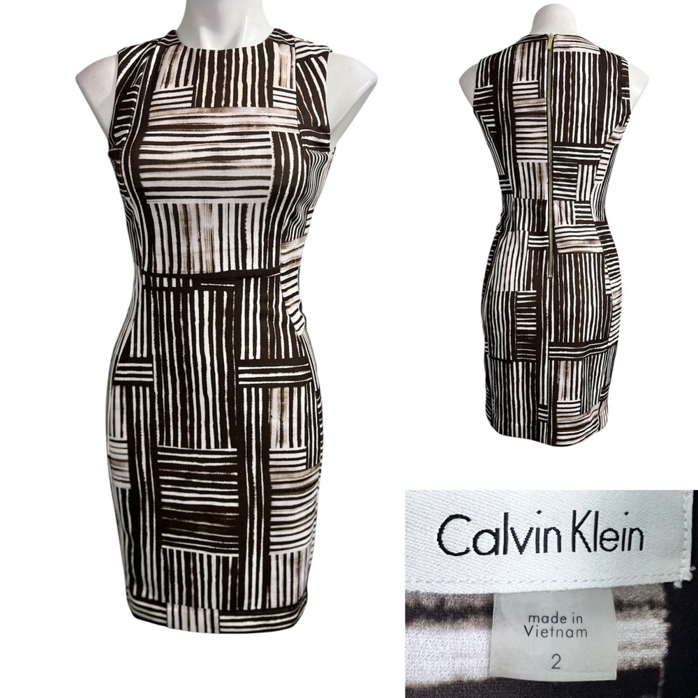 Calvin Klein Black and White Geometric Sheath Dress